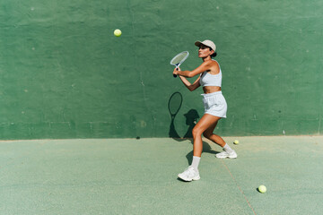 Fototapeta na wymiar beautiful girl in a cap plays tennis on the tennis court against the background of a green wall