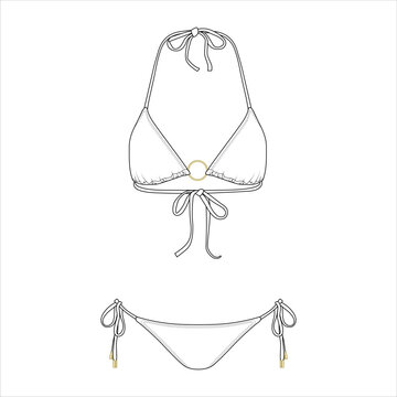 Triangle Bikini front view fashion flat sketch for Tech Pack. Tie Back Fastening, Golden Ring Trim, CAD drawing, black and white, vector graphics for garment production apparel brand, swimwear women