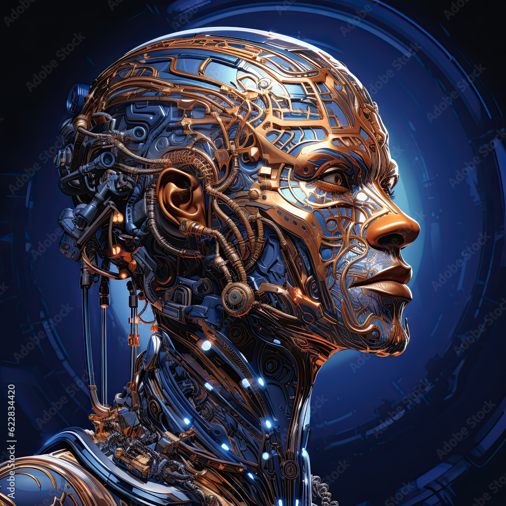 Poster a close up of a robot's head with a clock in the background. generative ai.