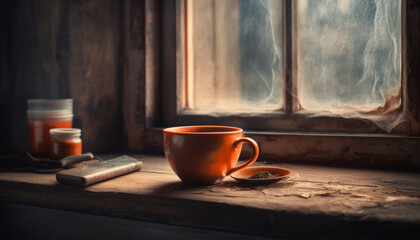 Fototapeta na wymiar Rustic coffee table by window, hot drink generated by AI