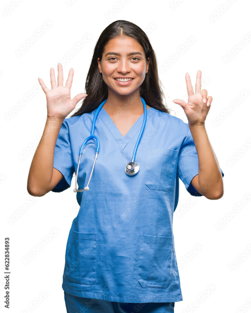 Sticker young arab doctor surgeon woman over isolated background showing and pointing up with fingers number