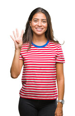 Young beautiful arab woman over isolated background showing and pointing up with fingers number four while smiling confident and happy.