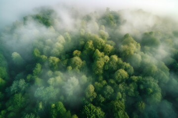 Aerial view of a misty rainforest in a foggy day. Generative AI.