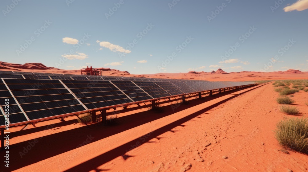 Poster a large solar array in the desert. generative ai image.