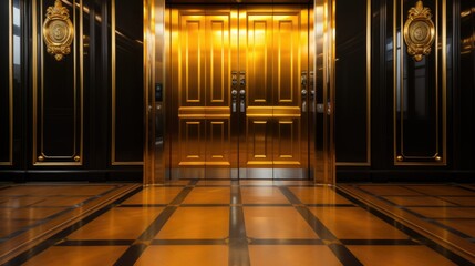 A golden elevator in a black and gold building. Generative AI image.