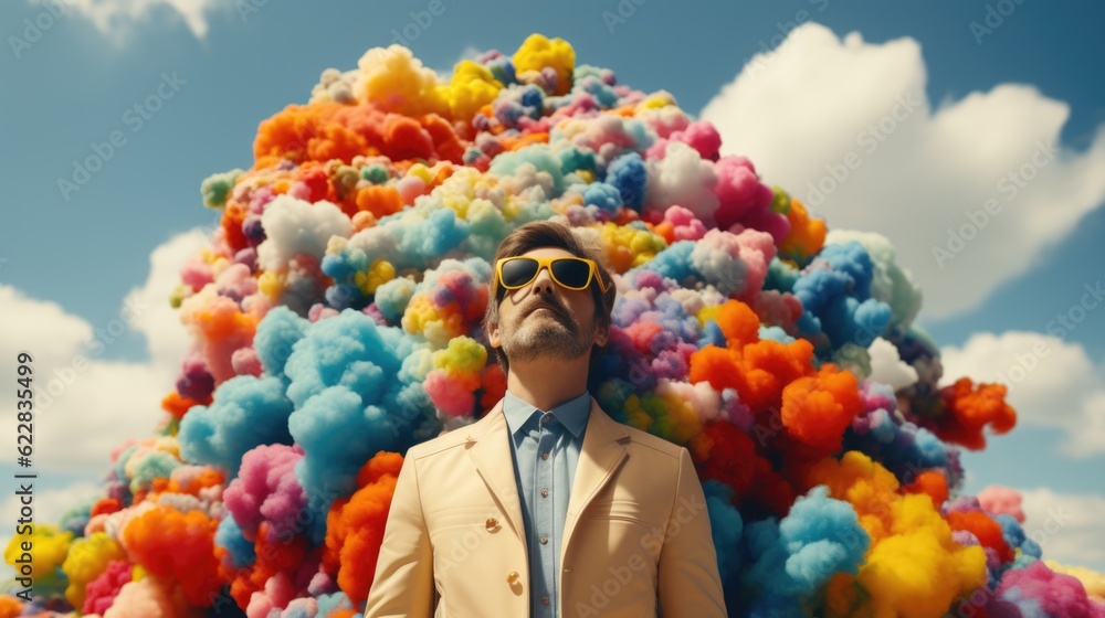 Poster a man standing in front of a huge pile of balloons. generative ai image.