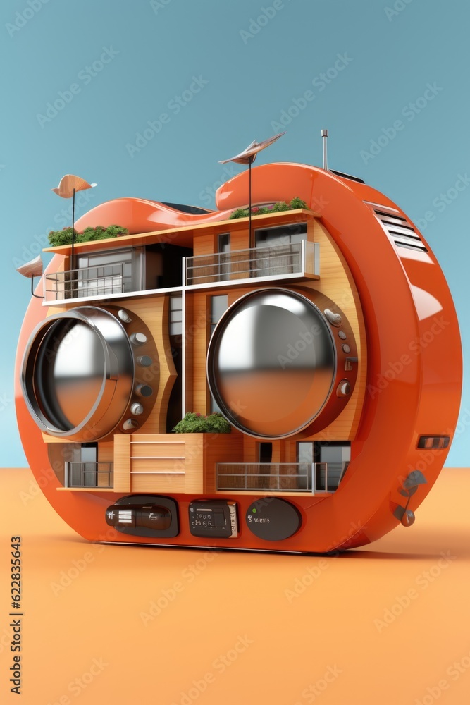 Poster a large orange object with two speakers on top of it. generative ai image.