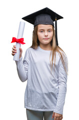 Young beautiful girl wearing graduate cap holding degree over isolated background with a confident expression on smart face thinking serious