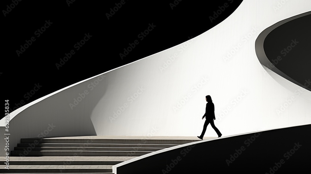 Poster a person walking down a set of stairs. generative ai image.