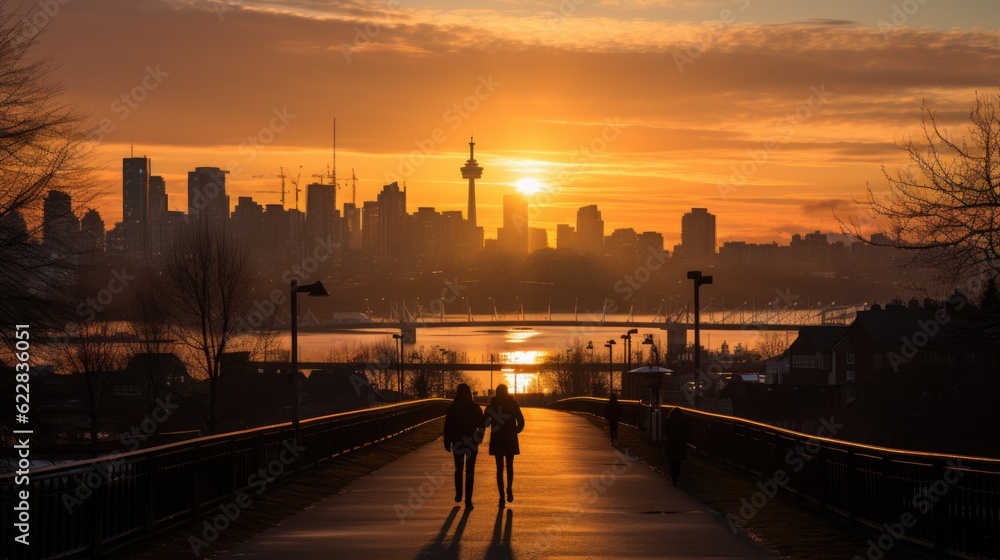 Poster two people walking on a bridge with the sun setting in the background. generative ai image.