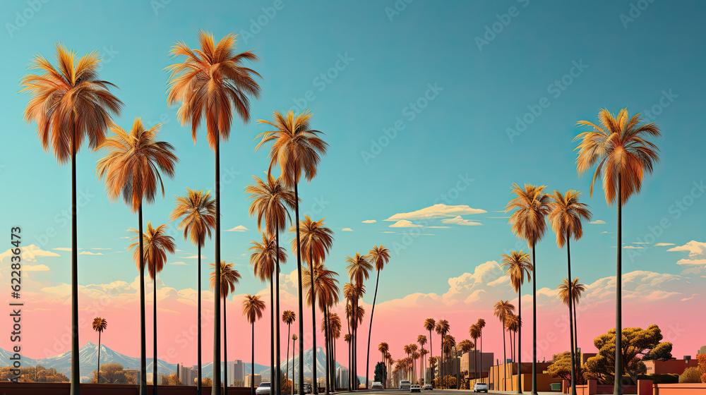 Poster a row of palm trees on a street. generative ai.