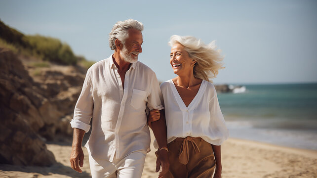 nonni felici che passeggiano, primo piano al mare, concetto di vacanze della terza et&agrave;