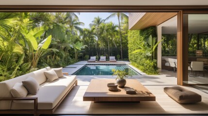Fototapeta premium Embrace the tropical climate of Miami by incorporating architectural elements like open - air spaces, large windows, and a seamless indoor outdoor flow