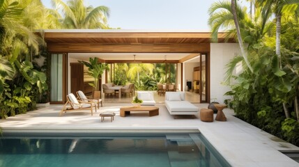 Fototapeta premium Embrace the tropical climate of Miami by incorporating architectural elements like open - air spaces, large windows, and a seamless indoor outdoor flow