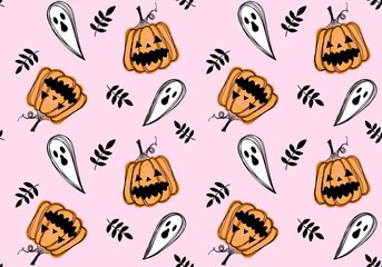 Autumn cartoon harvest vegetable seamless Halloween pumpkins and ghost pattern for wrapping paper and fabrics