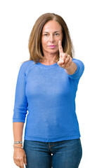 Middle age beautiful woman wearing winter sweater over isolated background Pointing with finger up and angry expression