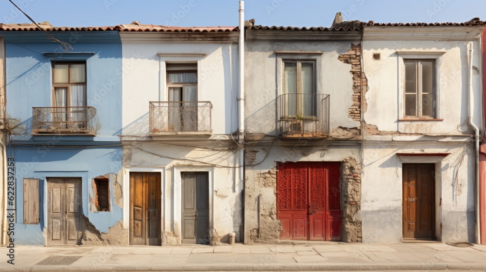 Poster a row of old buildings with a red door. generative ai image.