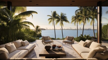 Fototapeta premium Embrace the tropical climate of Miami by incorporating architectural elements like open - air spaces, large windows, and a seamless indoor outdoor flow