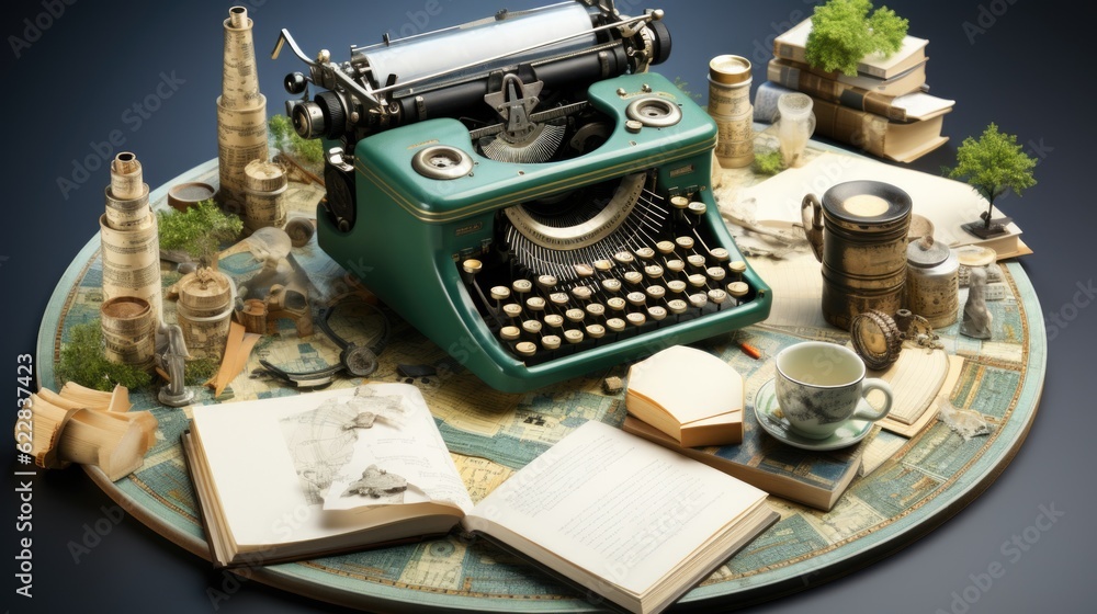 Poster a green typewriter sitting on top of a table. generative ai image.