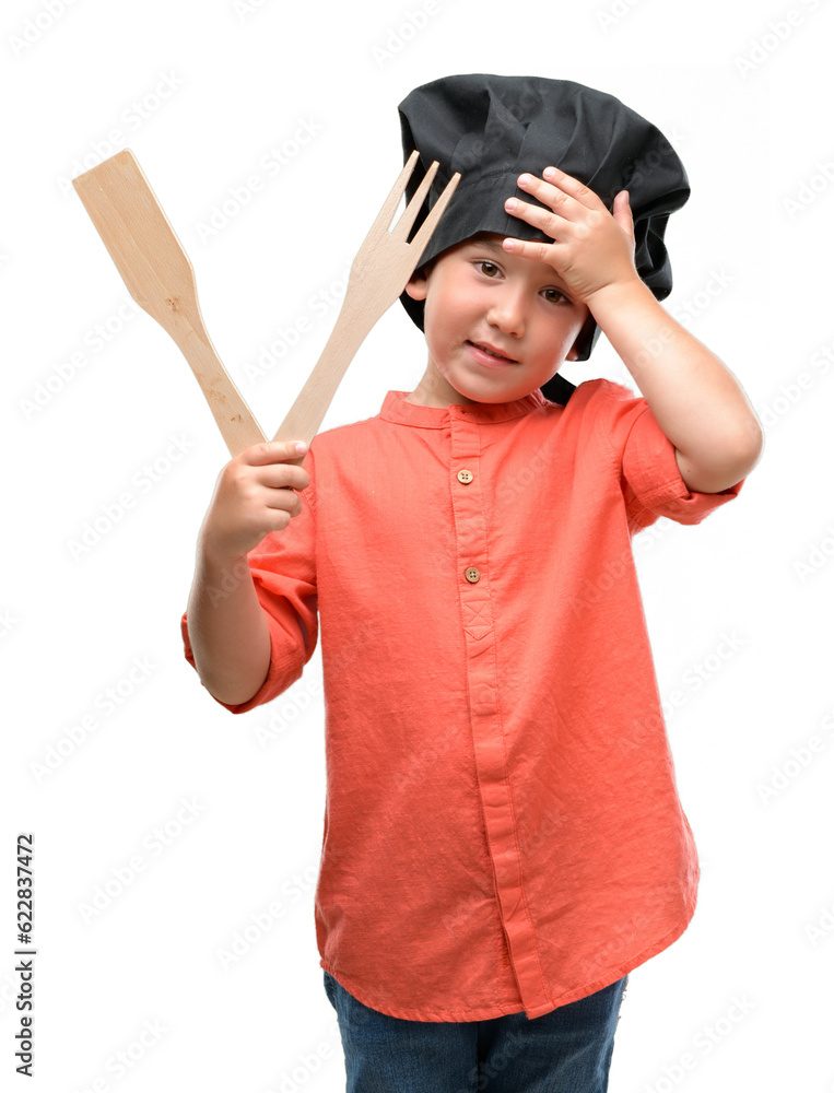 Sticker dark haired little child wearing chef uniform stressed with hand on head, shocked with shame and sur