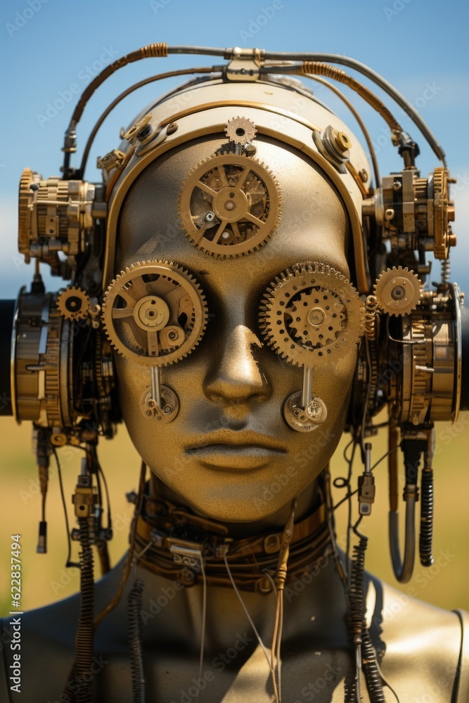 Poster a mannequin head with gears attached to it. generative ai image.