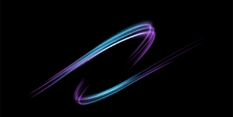 Light trail wave effect. Abstract motion lines, glowing headlights and optical fiber, PNG glow curve swirl, road car headlights and glowing white speed lines on a swirl light on the road.