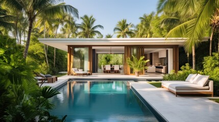 Fototapeta premium Embrace the tropical climate of Miami by incorporating architectural elements like open - air spaces, large windows, and a seamless indoor outdoor flow