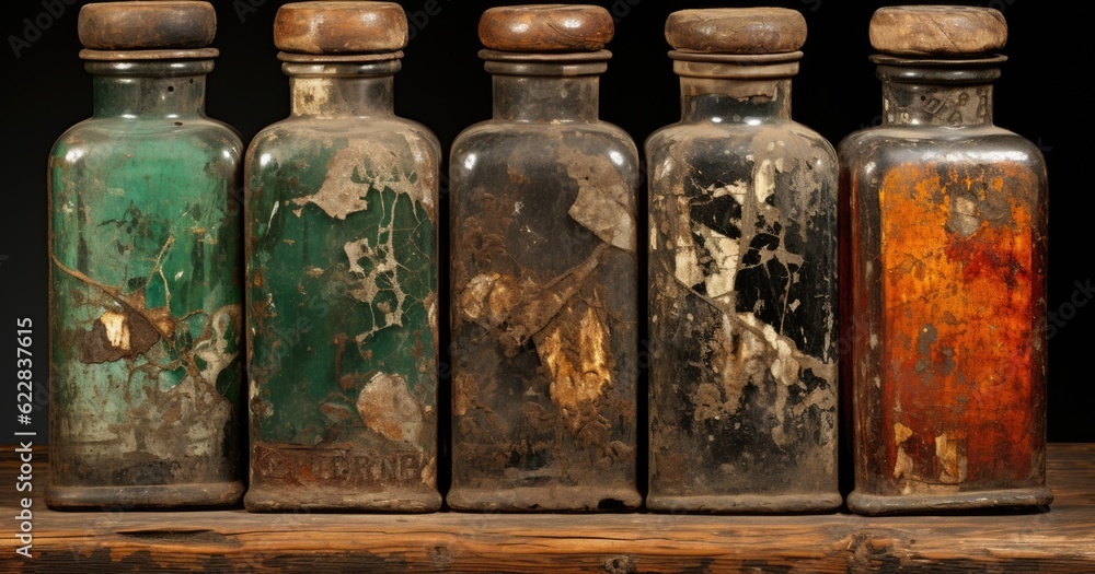 Poster a row of old bottles sitting on top of a wooden table. generative ai image.