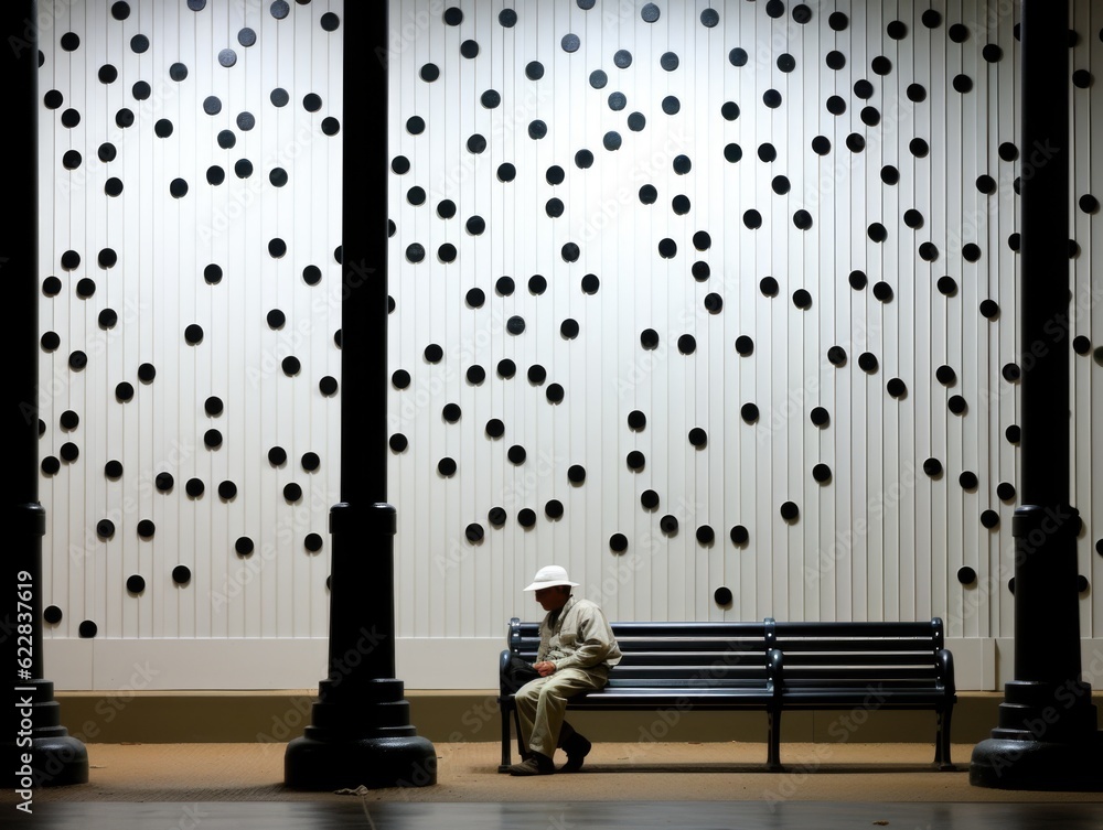 Poster a man sitting on a bench in front of a wall with dots. generative ai image.