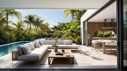 Fototapeta premium Embrace the tropical climate of Miami by incorporating architectural elements like open - air spaces, large windows, and a seamless indoor outdoor flow