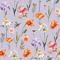 Seamless pattern with multi-colored delicate flowers on a lilac background. watercolor illustrations.