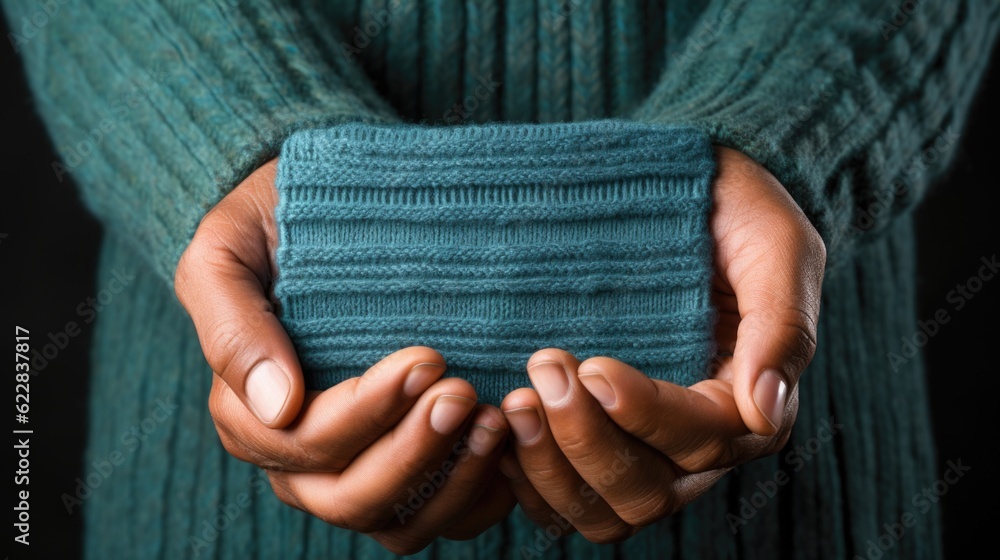 Poster a close up of a person holding a knitted object. generative ai image.