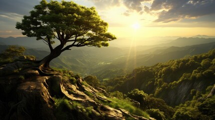 Fototapeta na wymiar A lone tree sitting on top of a mountain. Generative AI image.