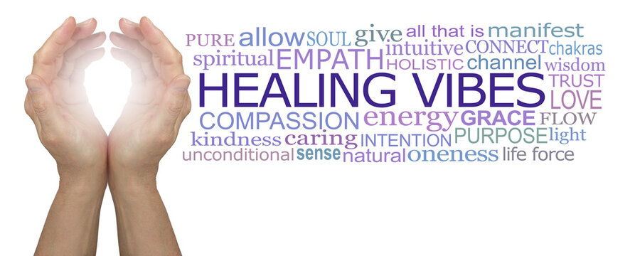 Words Associated with Healing Vibes Word Cloud on white background - female cupped hands beside a word cloud relevant to HEALING VIBES isolated on white 
