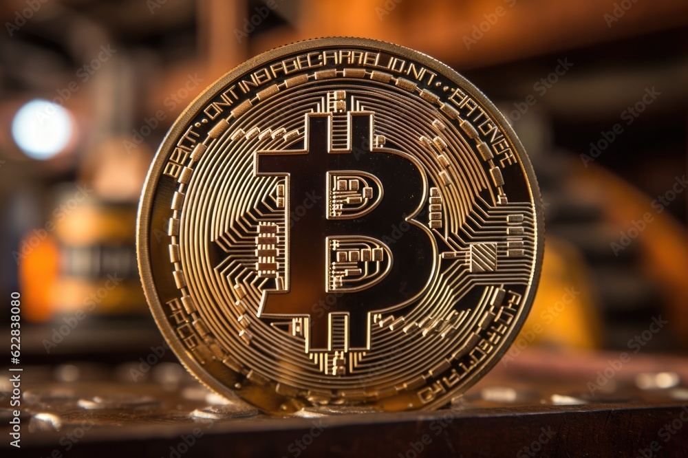 Poster a bit coin sitting on top of a table. generative ai image.