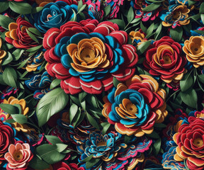 Fototapeta na wymiar Seamless Mexican embroidery flowers hyper realistic pattern created with Generative AI technology