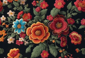 Foto auf Alu-Dibond Seamless Mexican embroidery flowers hyper realistic pattern fabric design created with Generative AI technology © designermetin