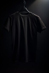 Black T-Shirt on a Light Black Background, Enhanced by Naturalistic Shadows, Exuding a Clean and New Aesthetic