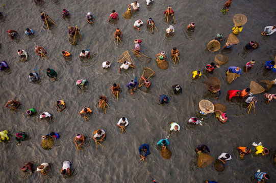 Top view of fishermen celebrating the traditional fishing festival in Bangladesh