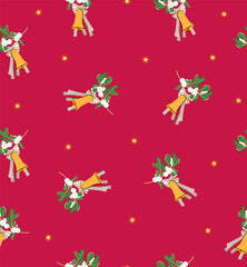 Fototapeta na wymiar Christmas bell seamless pattern with ribbon and mistletoe on red background. Happy festive color ornament for wallpaper, cloth design, fabric, tissue, wrapping paper, textile
