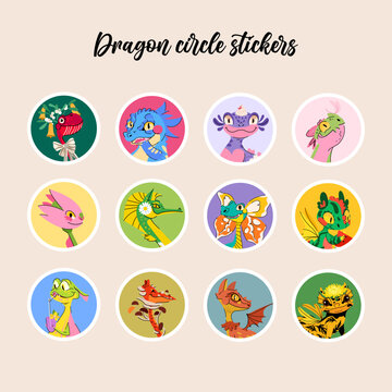 Set of cute dragons circle sticker. Collection of funny fantasy animal character illustration isolated on beige background. Perfect as icons for holidays, highlight covers
