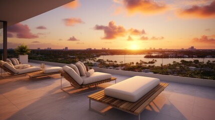 Fototapeta premium Designated sunset viewing deck on the upper levels of your villa, providing a perfect spot to witness the breathtaking Miami sunset
