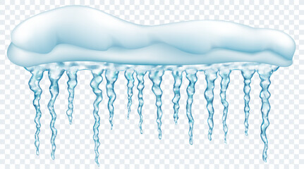 Big snowdrift with translucent gray realistic icicles of different lengths, isolated on transparent background. Transparency only in vector format - obrazy, fototapety, plakaty