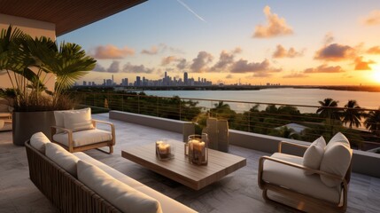 Fototapeta premium Designated sunset viewing deck on the upper levels of your villa, providing a perfect spot to witness the breathtaking Miami sunset
