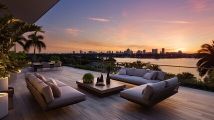 Fototapeta premium Designated sunset viewing deck on the upper levels of your villa, providing a perfect spot to witness the breathtaking Miami sunset