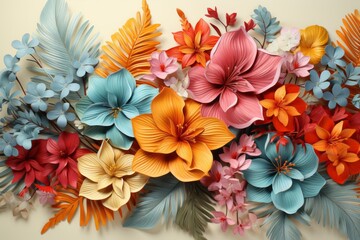 Fototapeta na wymiar Illustration of lush, vibrant tropical flowers on a dark backdrop, an array of hibiscus flowers, colorful and varied petals, rich green leaves. Generative AI