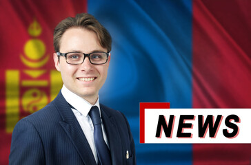 News anchor, tells the latest news, smiling, against the background of the flag of Mongolia