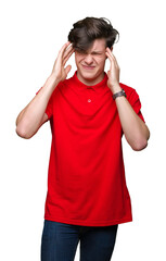 Young handsome man wearing red t-shirt over isolated background suffering from headache desperate and stressed because pain and migraine. Hands on head.