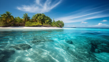 Fototapeta na wymiar Tranquil scene by turquoise waters, tropical paradise generated by AI