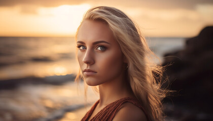 Fototapeta premium One young woman, looking at camera, smiling generated by AI